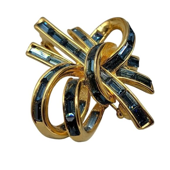 Nolan Miller Bow Brooch Baguette Rhinestones Vintage Retired Knot Gold Plated - Picture 4 of 10